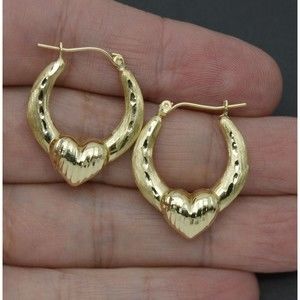 Real 10K Solid Yellow Gold 27mm Diamond Cut Graduated Heart Hoop Earrings 2.2gr